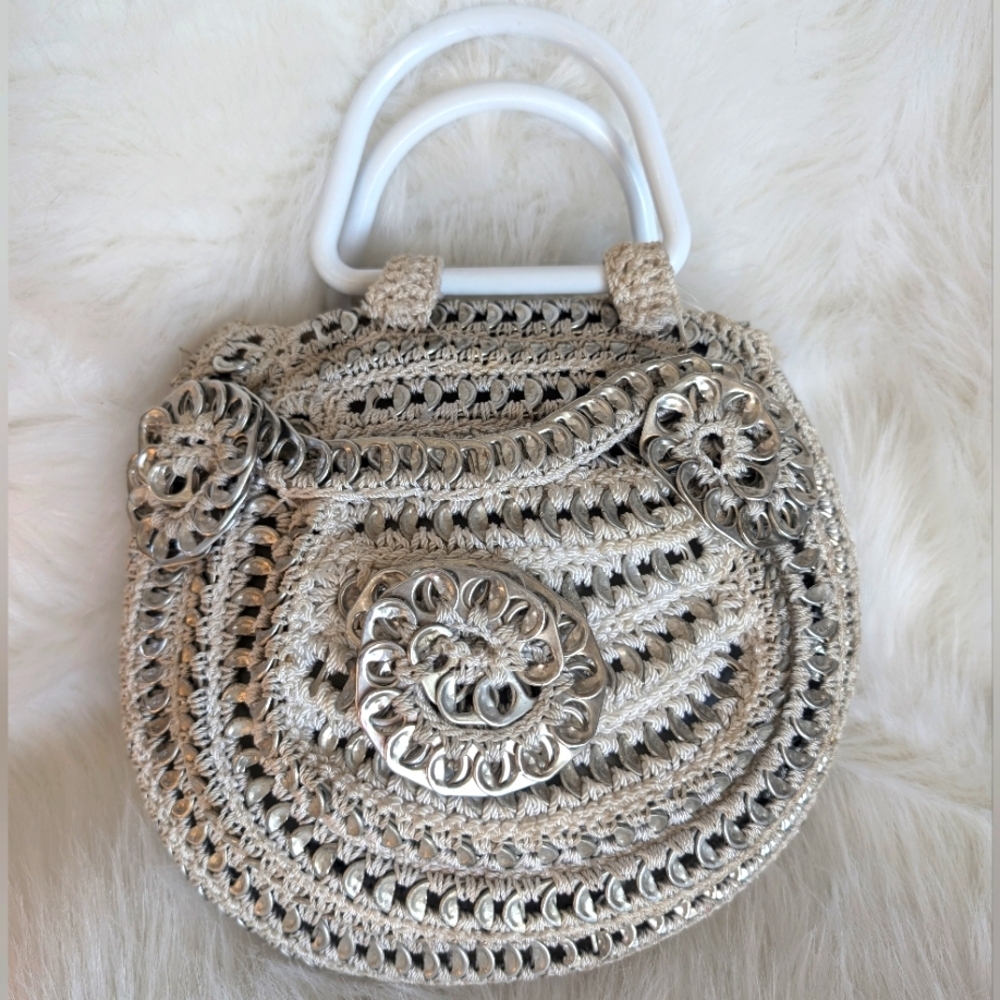 Pop Top Soda Tab Silver & Beige Crochet Purse Satchel Bag